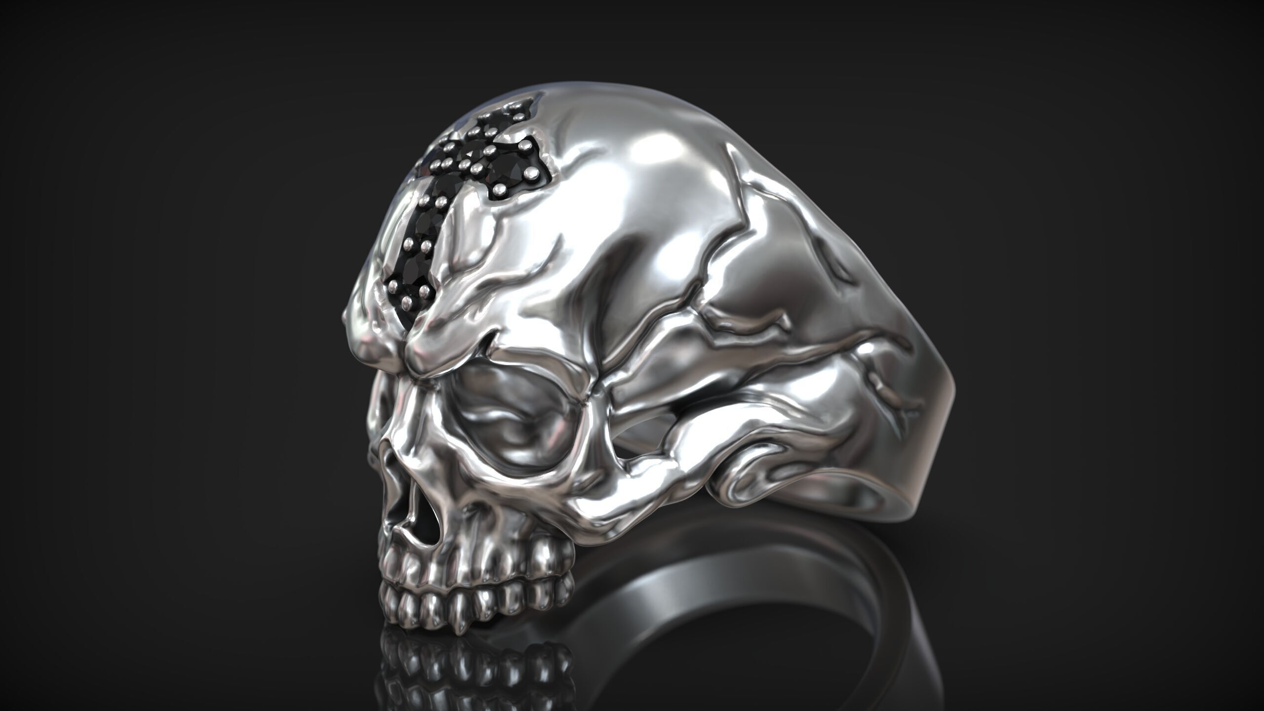 Skull Head Gothic Cross Ring with Black Diamond 3D print model_3