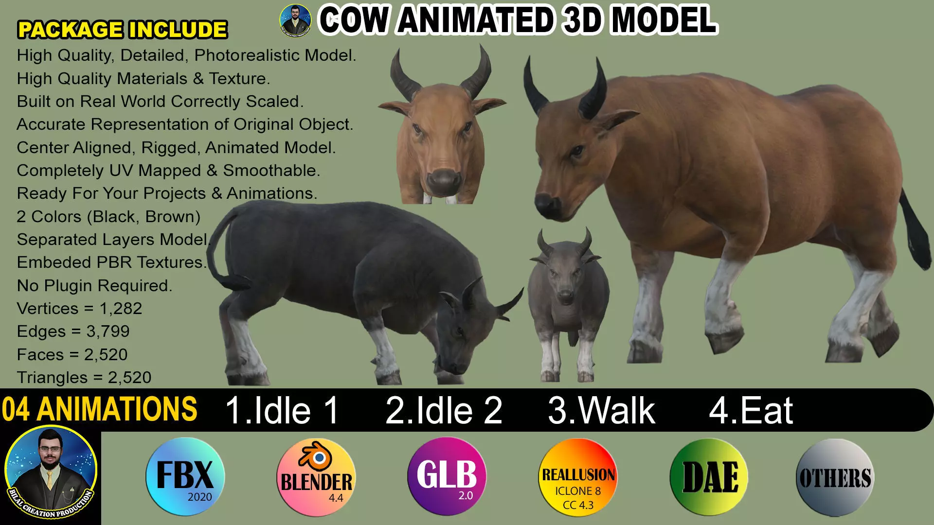 COW ANIMATED 4 COLORS 2 Low-poly 3D model_0