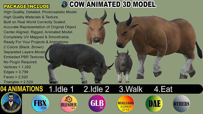 COW ANIMATED 4 COLORS 2 Low-poly 3D model