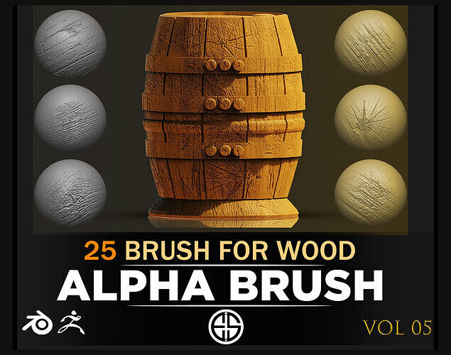 25 Wood Brush-Alpha Wood -Blender and Zbrush Brush-Vol 5 3D model