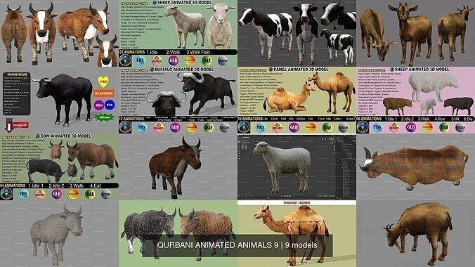 QURBANI ANIMATED ANIMALS 9 3D Model Collection