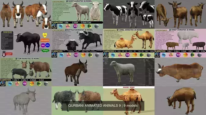 QURBANI ANIMATED ANIMALS 9 3D Model Collection