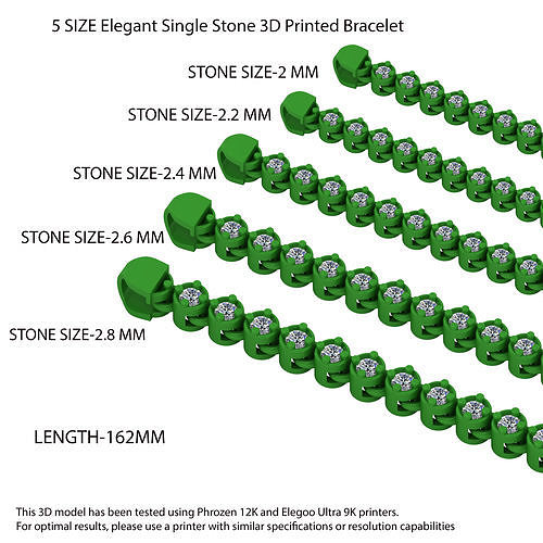 5 Size Elegant Single Stone 3D Printed Bracelet STRICK TYPE  3D Model Collection