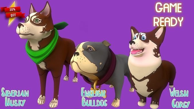 Stylized Brown Corgy  Grey Bulldog Brown Husky 3D Model Collection