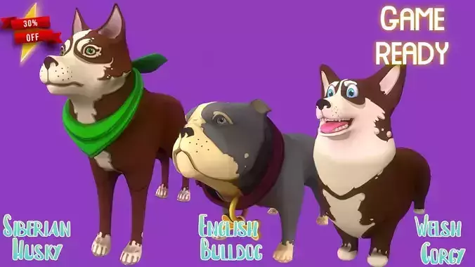 Stylized Brown Corgy  Grey Bulldog Brown Husky