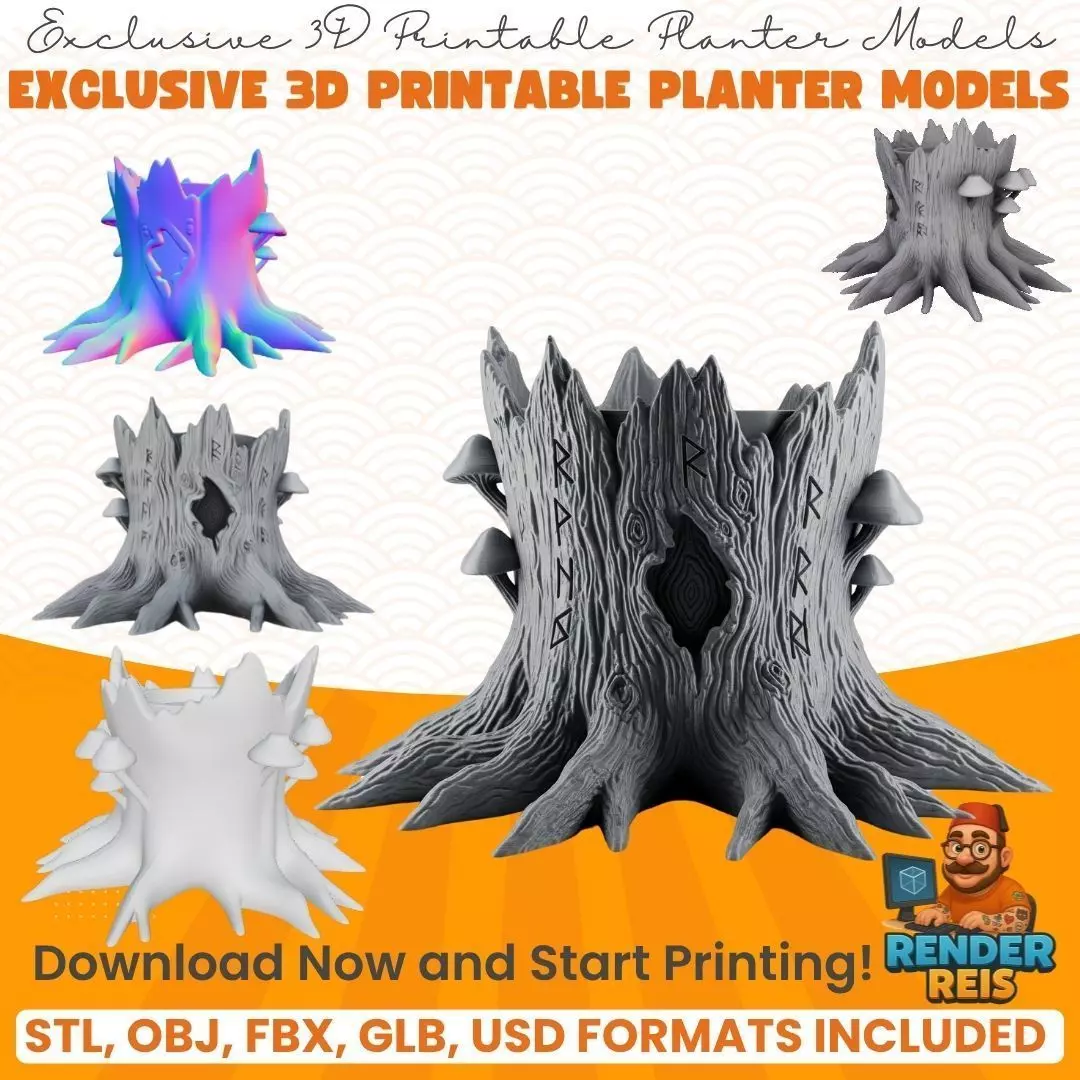 Runic Carved Log Planter 3D model_0