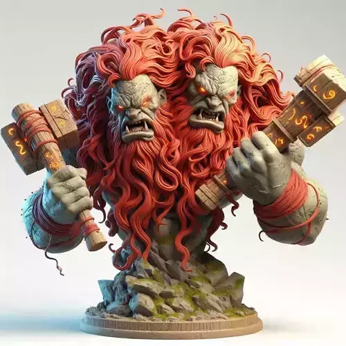 480 Two Headed Roaring Troll 3D Printed Ivory Style Statue