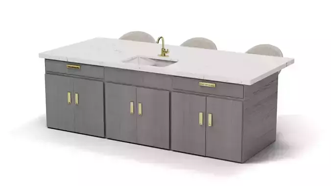 Modern Kitchen Island with Sink and Marble Countertop  3D Model 3D model