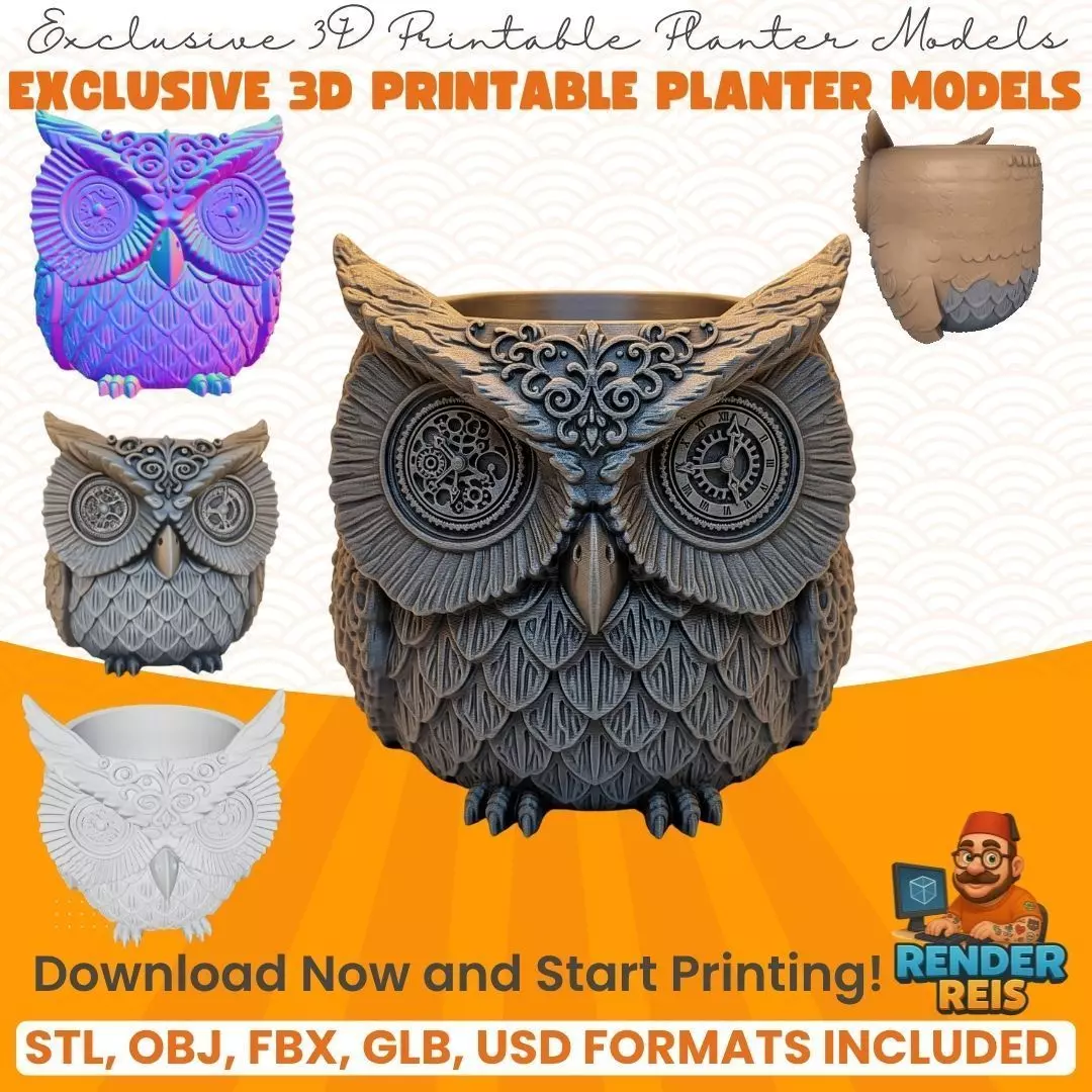 Steampunk Owl Planter 3D model_0