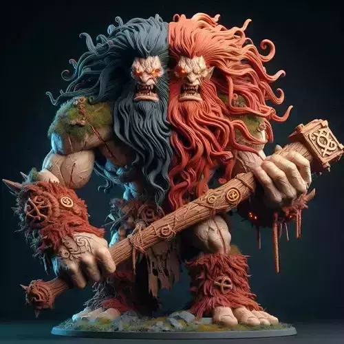 532 Two Headed Roaring Troll 3D Printed Ivory Style Statue