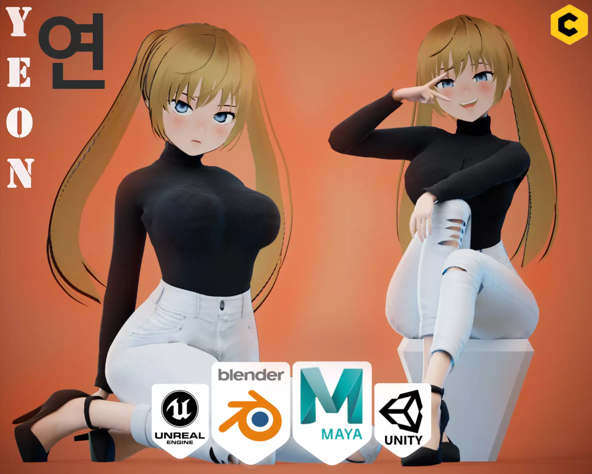 Game Anime Girl Character rigged - Yeon Low-poly 3D model