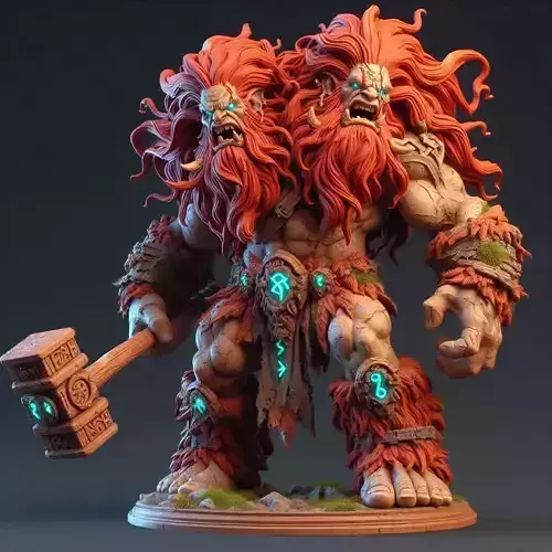 533 Two Headed Roaring Troll 3D Printed Ivory Style Statue