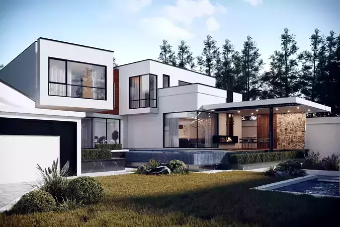Luxury Modern Villa Exterior  Realistic Architecture Scene
