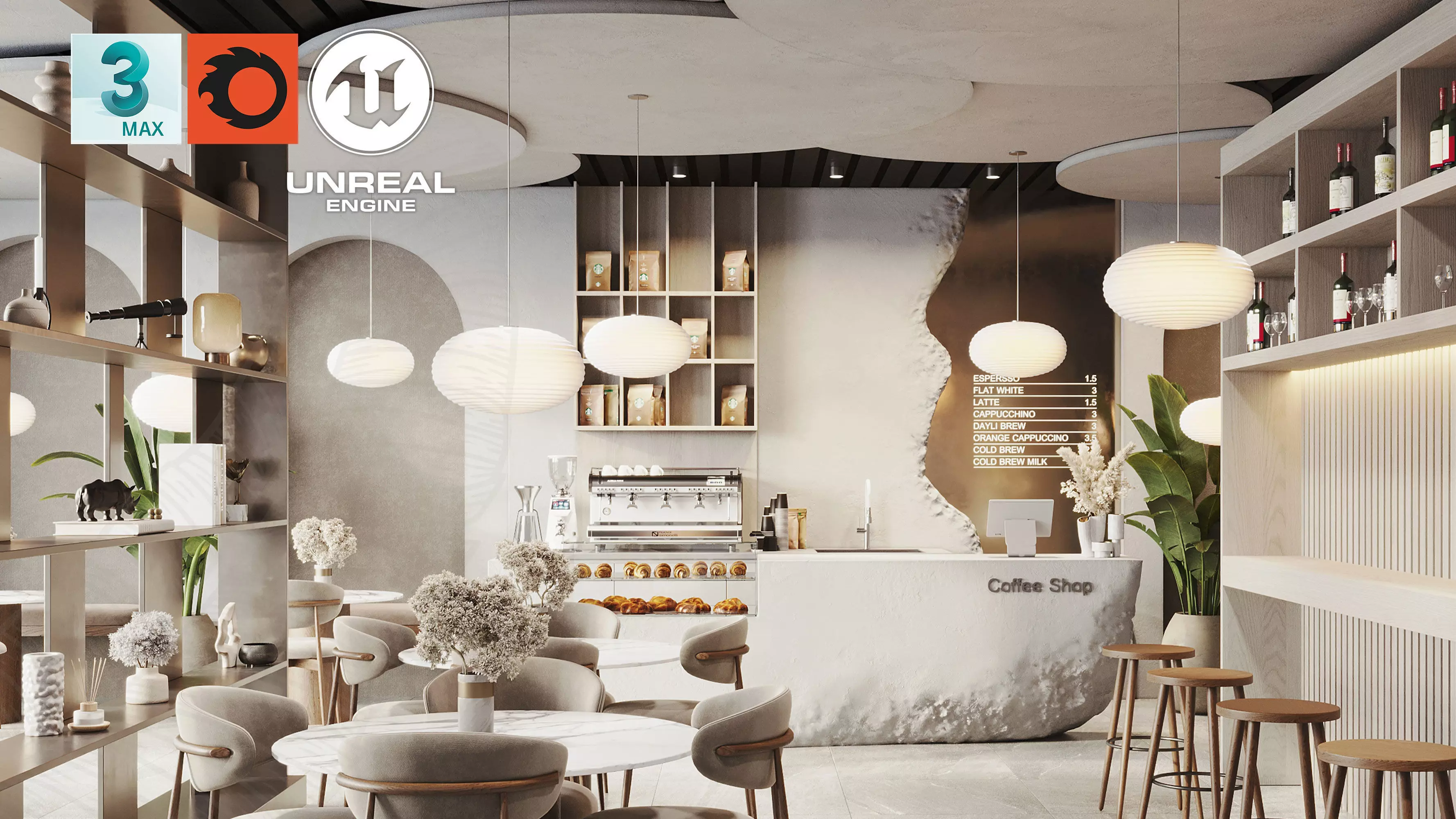 Modern Minimalist Coffee Shop Interior 3D model_0