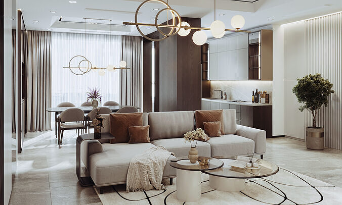 Modern Living  and Dining Room Interior 3D model 2