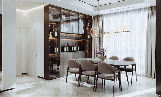 Modern Living  and Dining Room Interior 3D model 5