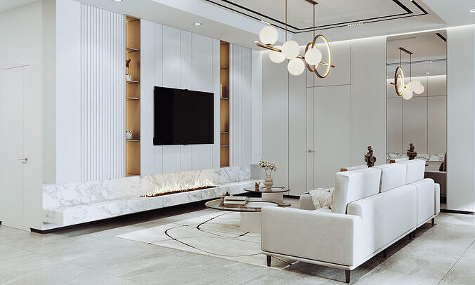 Modern Living  and Dining Room Interior 3D model 4
