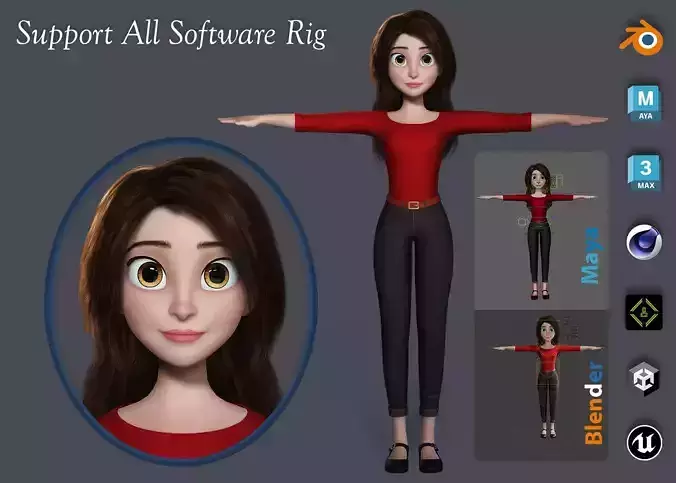 3D Stylized Cartoon Girl Full Body and Facial Rigged Character