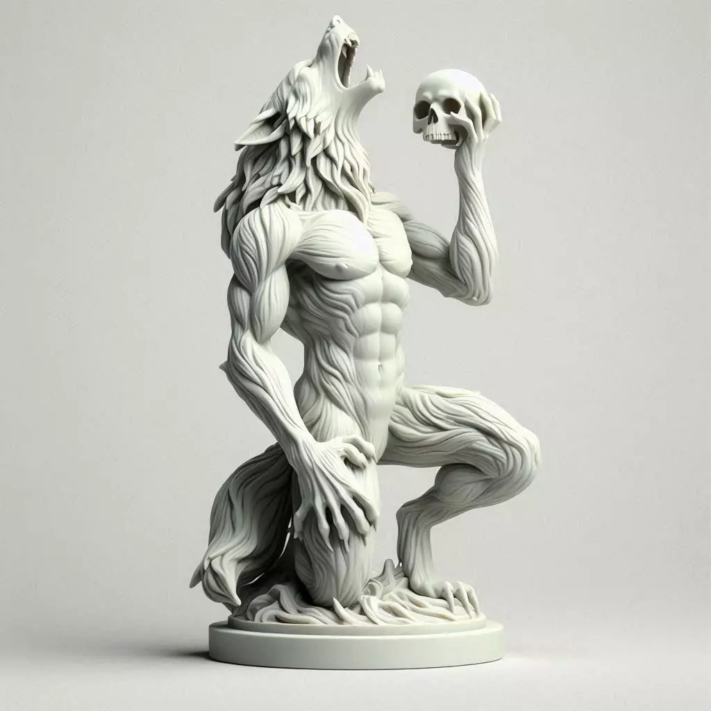 547 Ivory Werewolf Howling with Skull 3D Model 3D print model_0