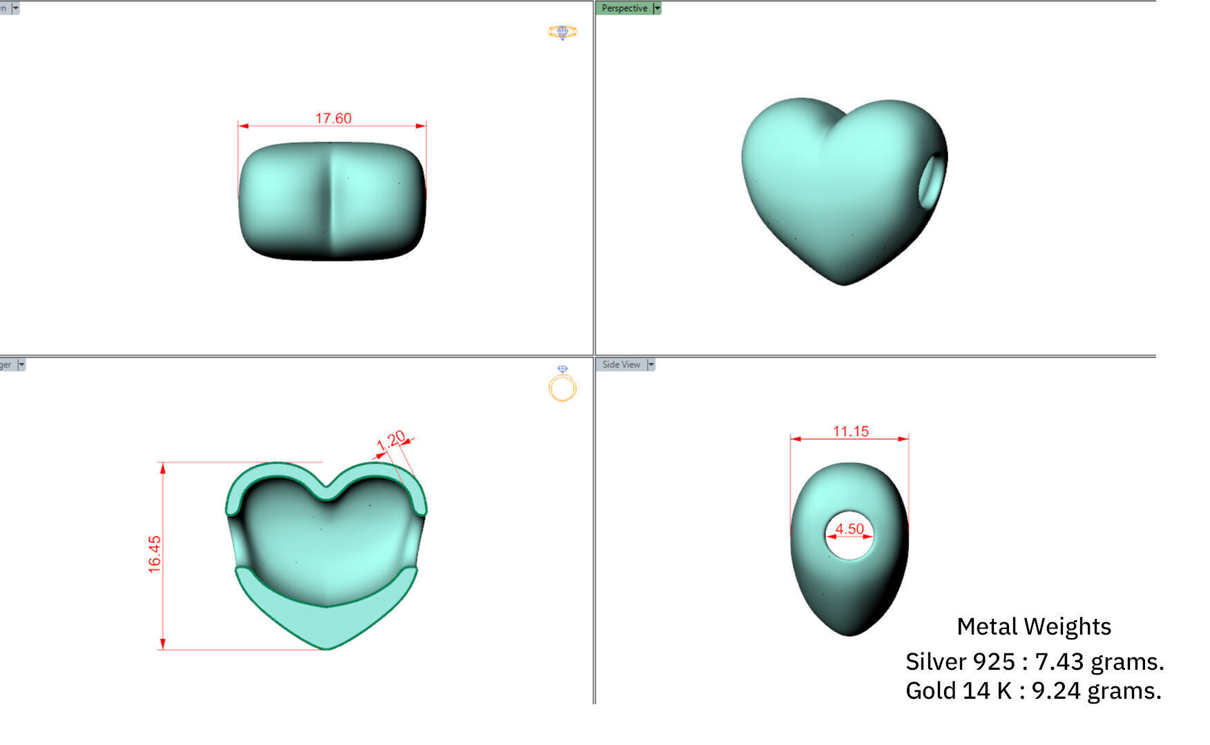 heart bead charm silver and gold 3D print model_1