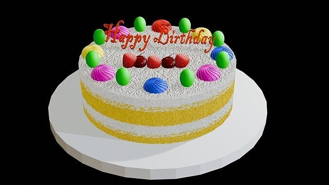 Yellow birthday fruit cake 3D model