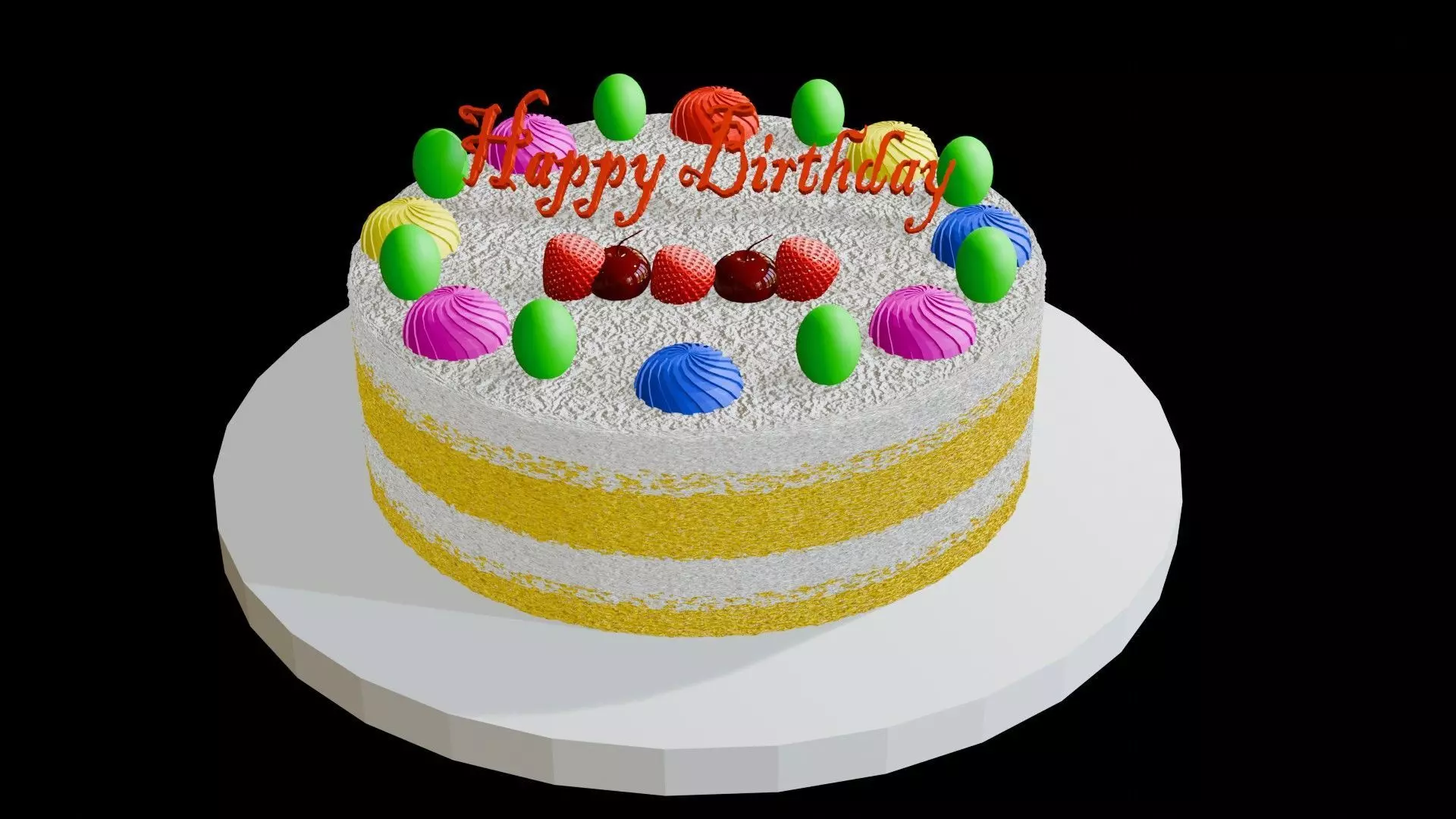 Yellow birthday fruit cake 3D model_0