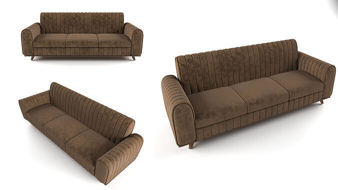 Modern brown velvet sofa with tufting plush cushions 3D model