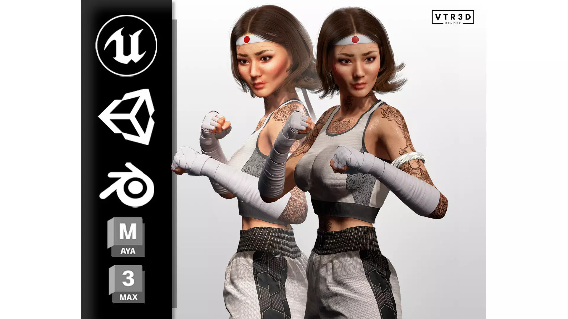Realistic Female Martial Artist Tattooed Fighter Low-poly 3D model_0
