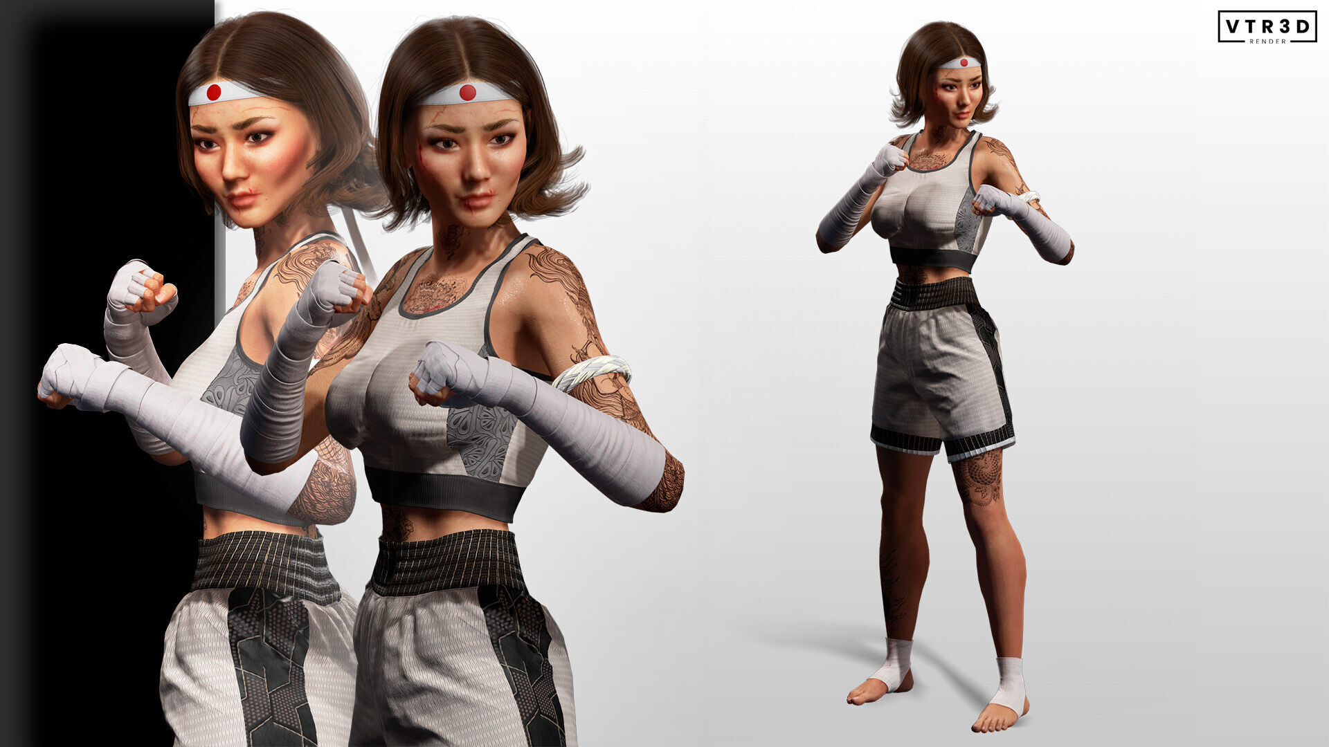 Realistic Female Martial Artist Tattooed Fighter Low-poly 3D model_2