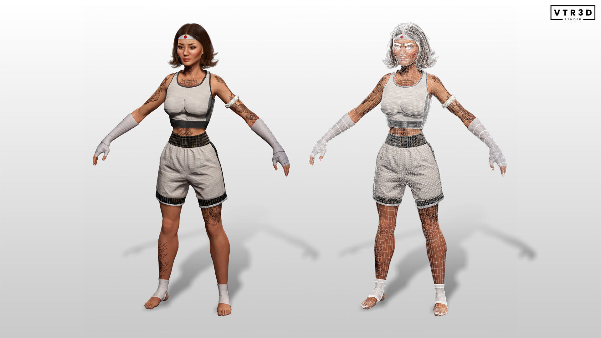 Realistic Female Martial Artist Tattooed Fighter Low-poly 3D model_3