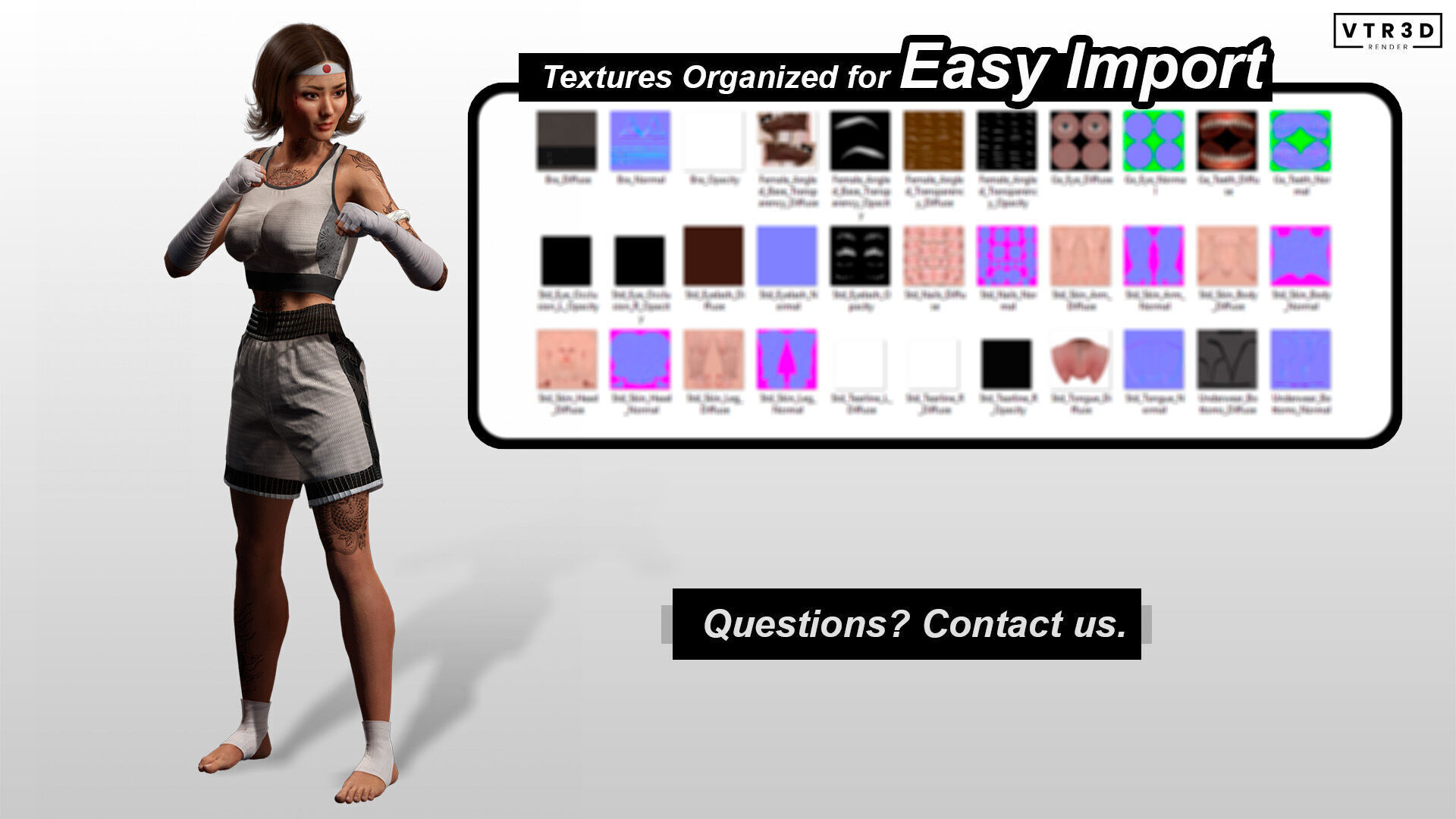 Realistic Female Martial Artist Tattooed Fighter Low-poly 3D model_8