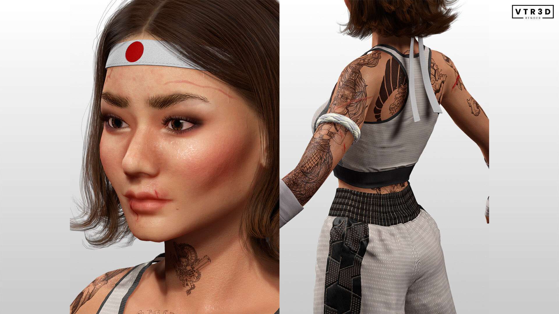 Realistic Female Martial Artist Tattooed Fighter Low-poly 3D model_4