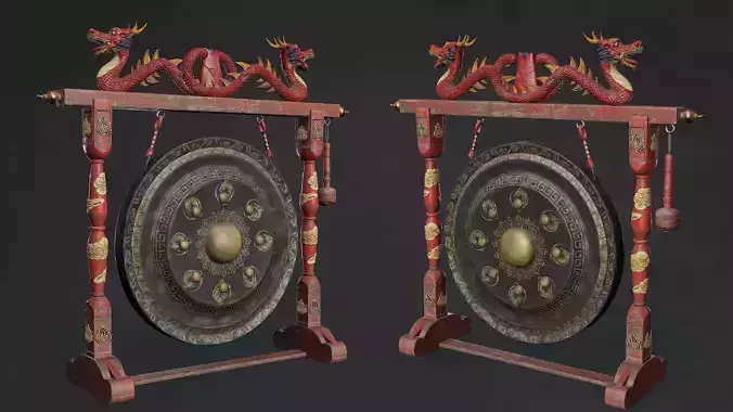 Twin Dragon Gong Game-Ready 3D Model  PBR  4K Textures