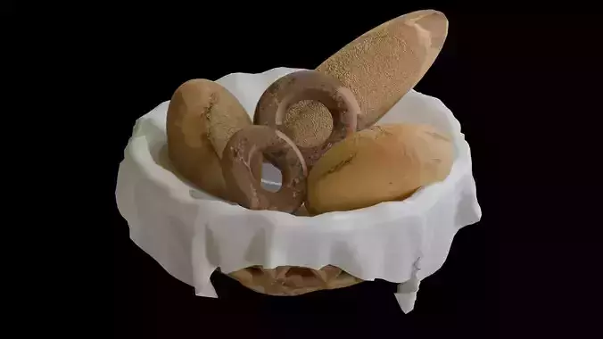 Realistic breads in a Round Wicker Basket 3D model