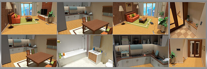 cartoon room living room kitchen 3D model