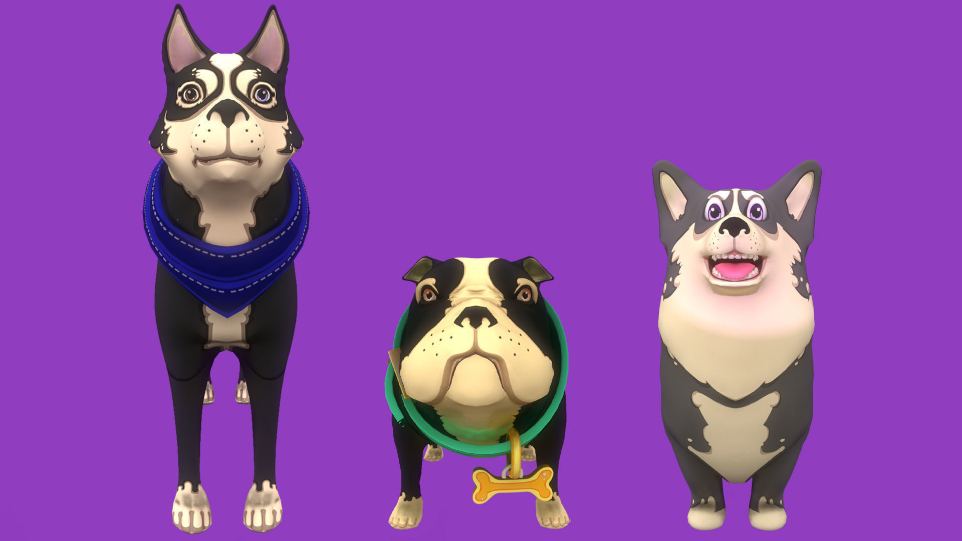 Stylized Grey Corgy Black Bulldog Black Husky 3D Model Collection_6