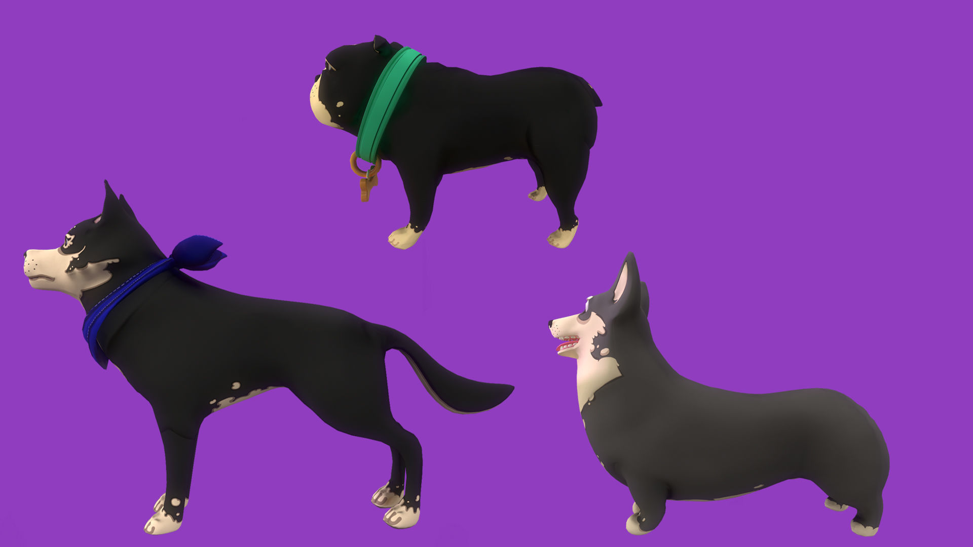 Stylized Grey Corgy Black Bulldog Black Husky 3D Model Collection_7