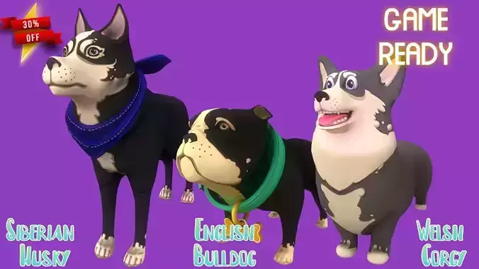 Stylized Grey Corgy Black Bulldog Black Husky 