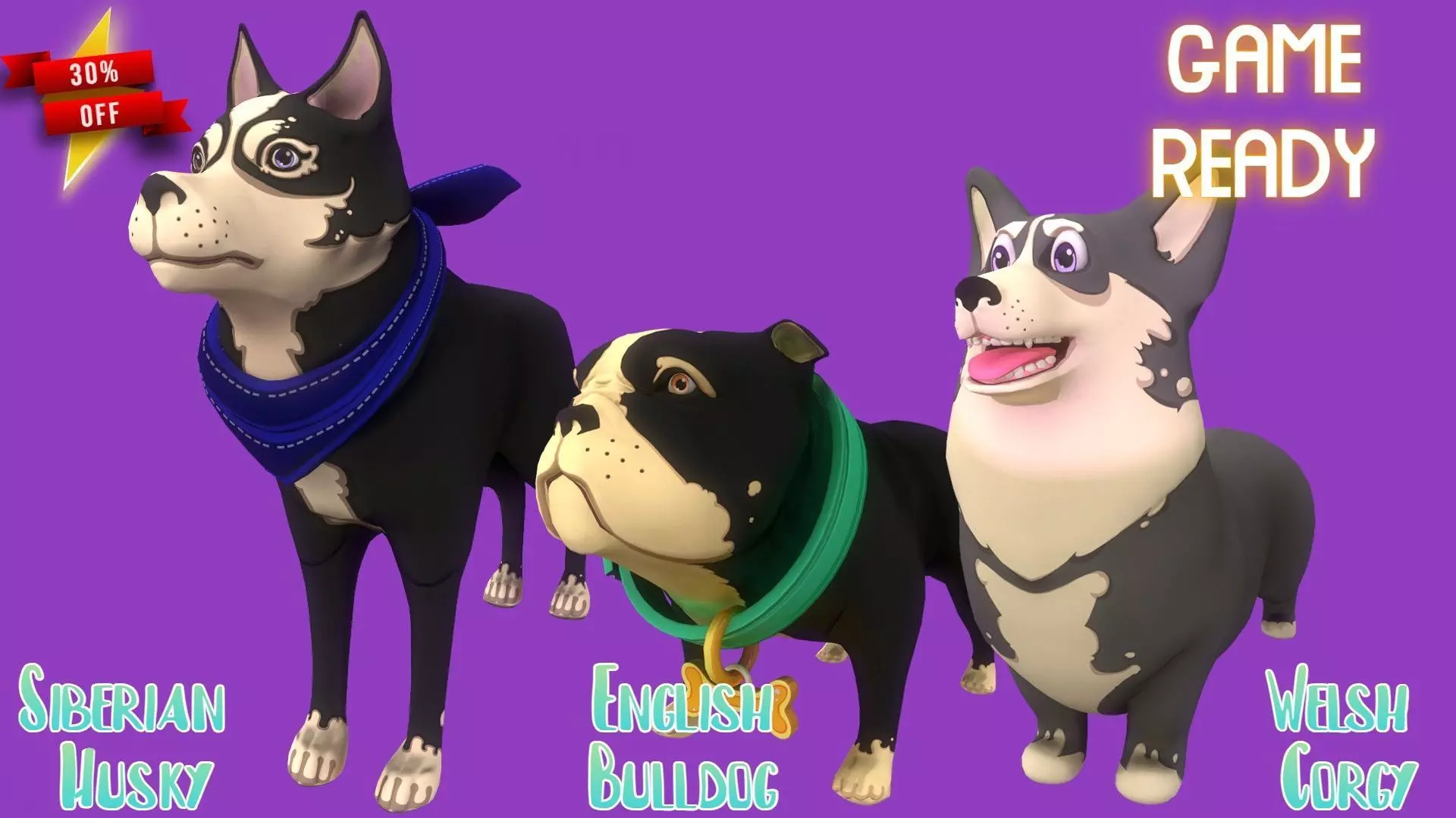 Stylized Grey Corgy Black Bulldog Black Husky 3D Model Collection_0