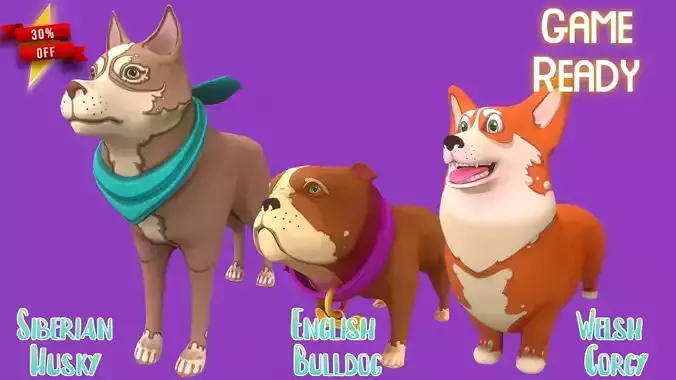 Stylized Orange Corgy Brown Bulldog Light Brown Husky