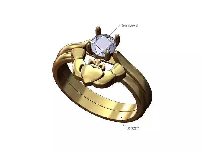 Claddagh guard 5mm diamond solitaire cathedral ring US size 7