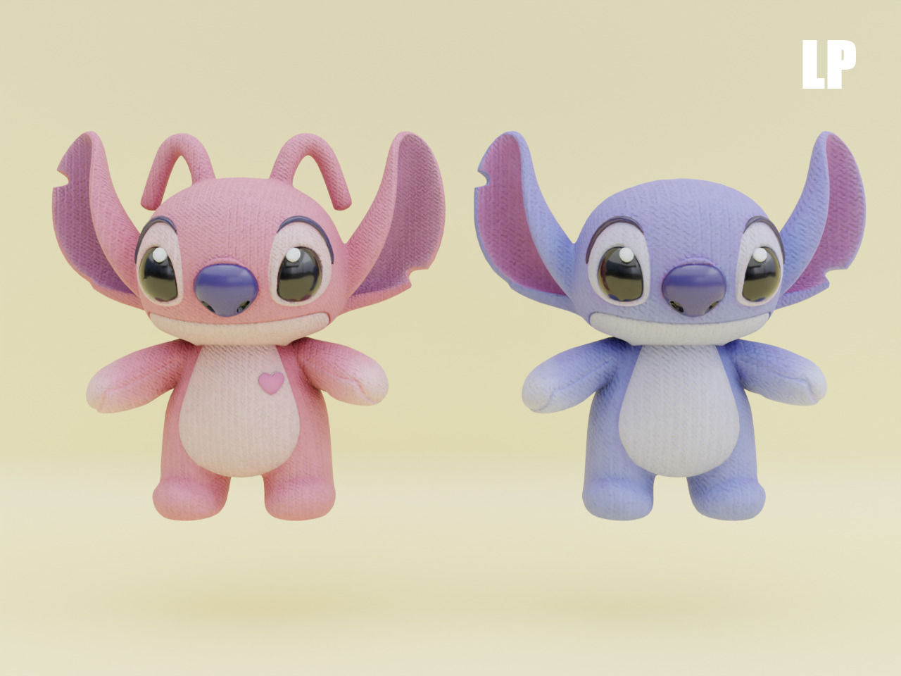 Stich and Angel Set Plush Toys with Keychain Disney Low-poly 3D model_5