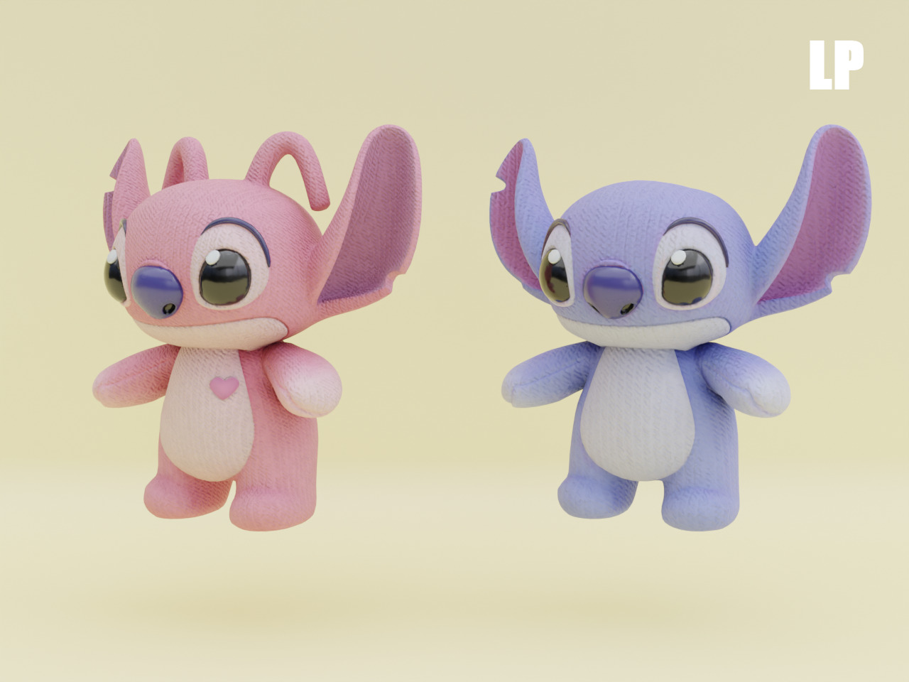 Stich and Angel Set Plush Toys with Keychain Disney Low-poly 3D model_6