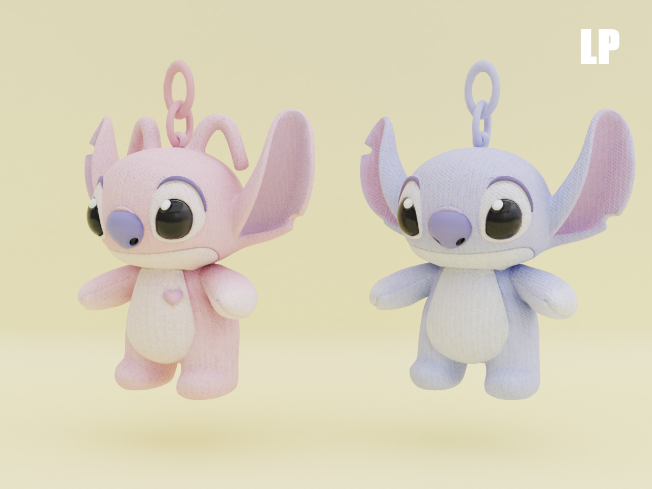 Stich and Angel Set Plush Toys with Keychain Disney Low-poly 3D model_17