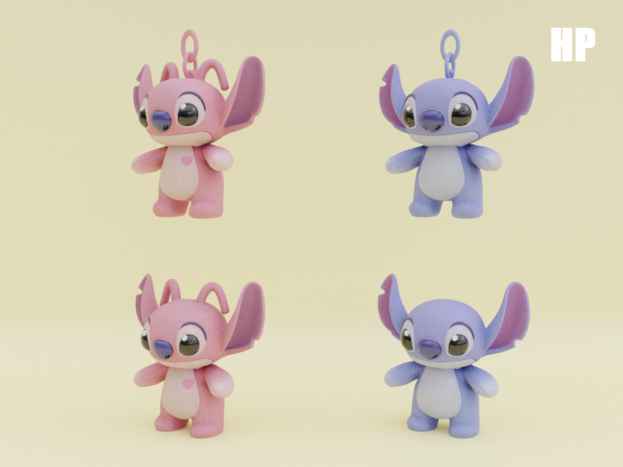 Stich and Angel Set Plush Toys with Keychain Disney Low-poly 3D model_1