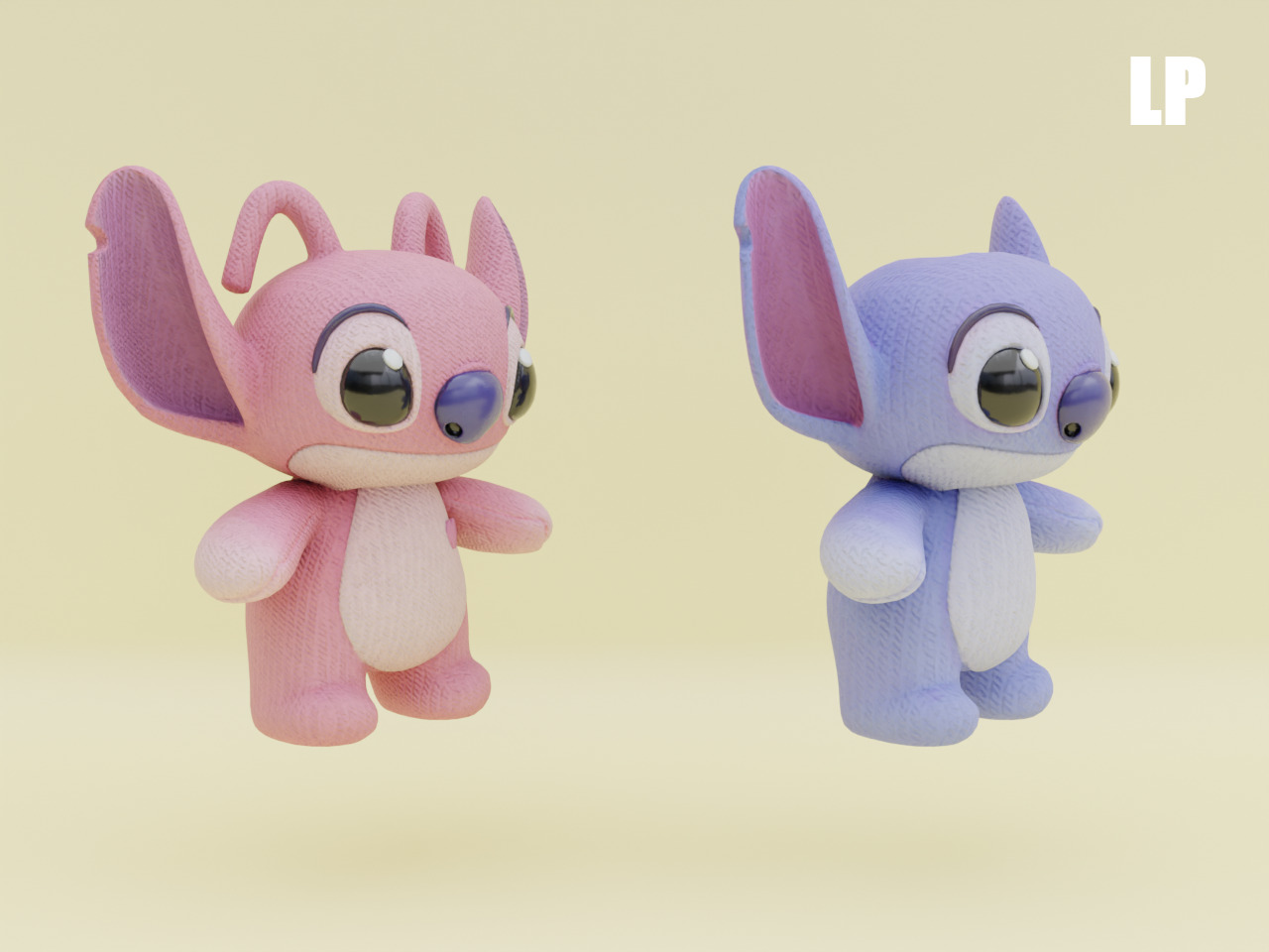 Stich and Angel Set Plush Toys with Keychain Disney Low-poly 3D model_14