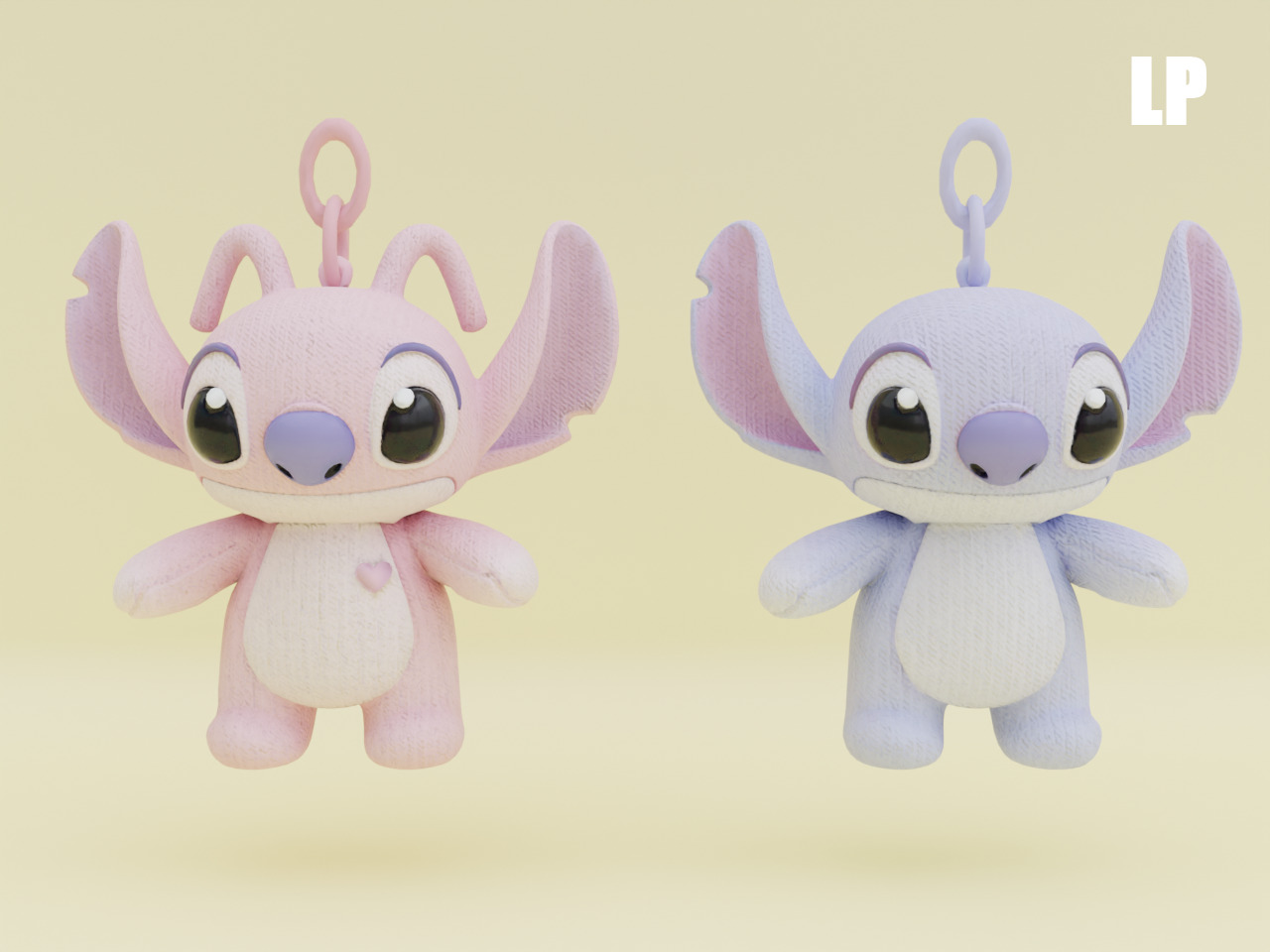 Stich and Angel Set Plush Toys with Keychain Disney Low-poly 3D model_16