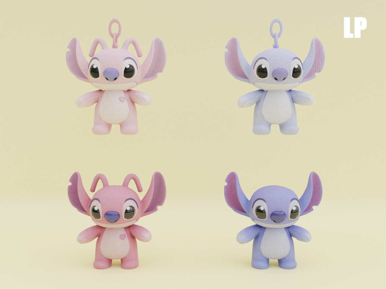 Stich and Angel Set Plush Toys with Keychain Disney Low-poly 3D model_4