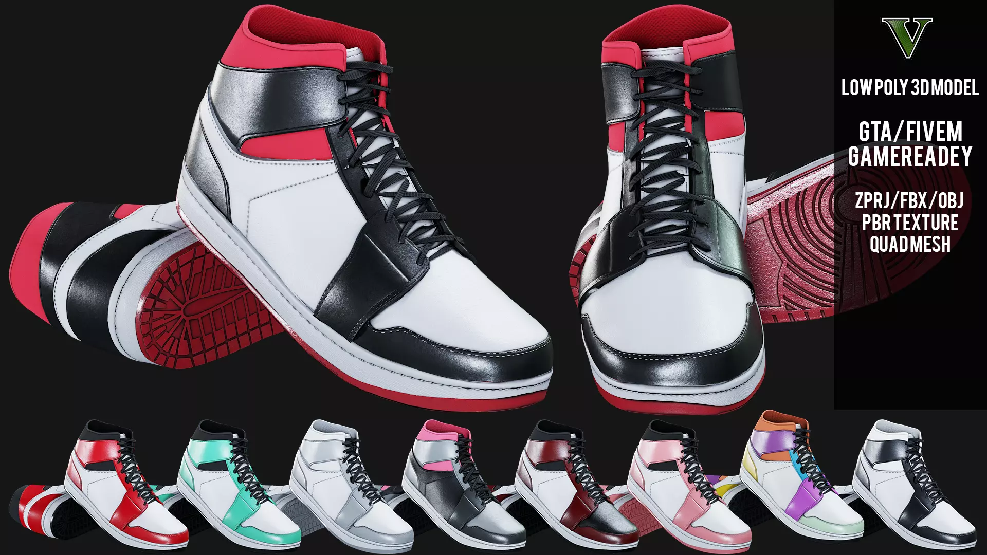 Nike Air Jordan 1 Mid 3D Model multiple colorways GTA and FiveM Low-poly 3D model_0