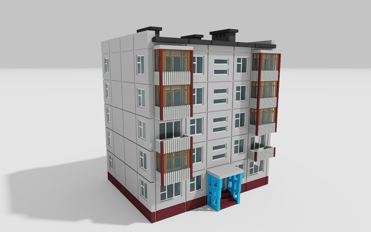 Khrushchyovka Apartment Soviet Era Building Low Poly Voxel Low-poly 3D model_10